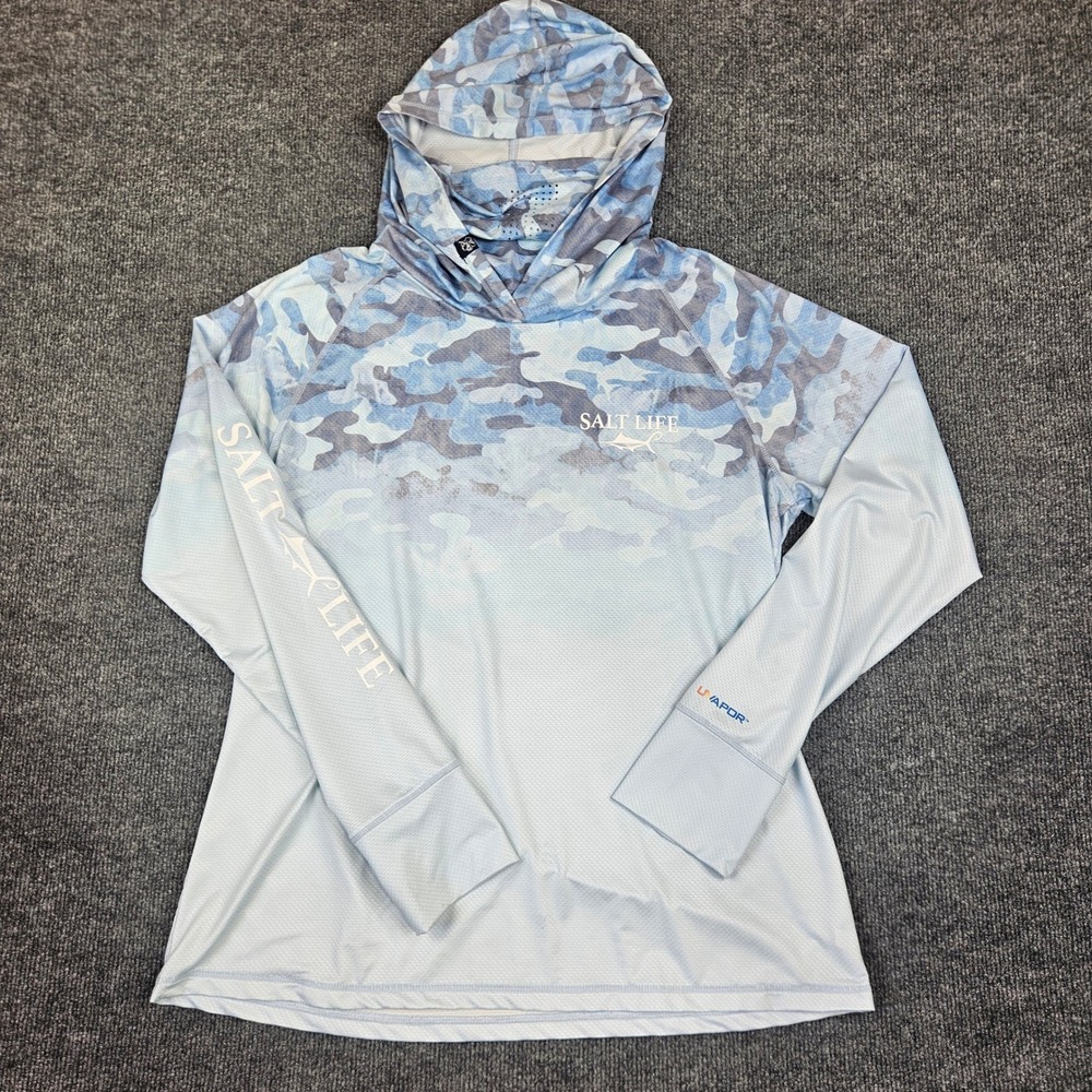 Salt Life SLX Fishing Hoodie Men's XL UV Vapor Blue Camo Performance Face Mask